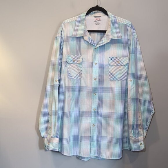 IZOD Surfcaster Button Down Shirt Long Roll Tab Sleeve Plaid Print Flap Pocket - Picture 10 of 12